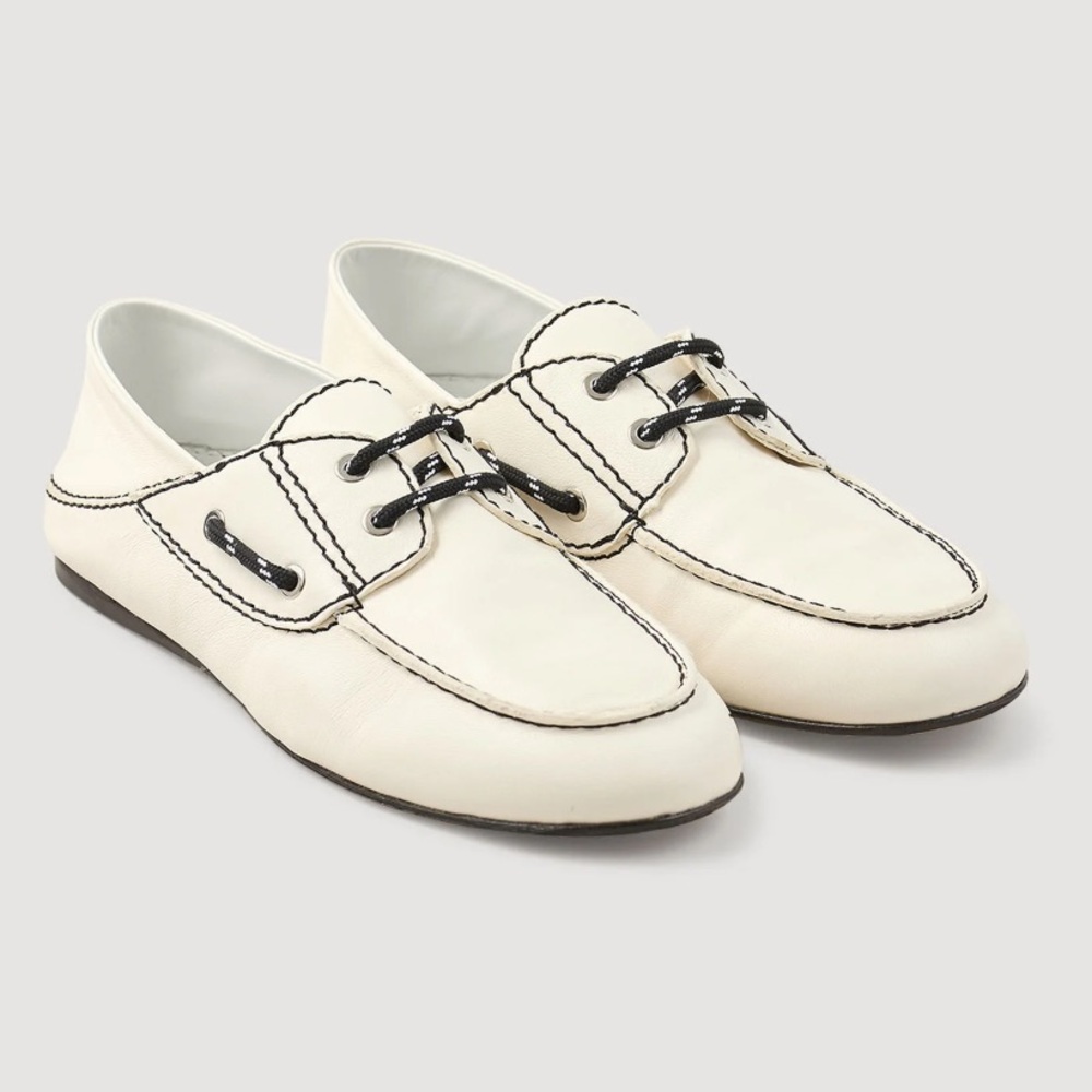Sandro White Leather Boat Shoes with Navy Laces